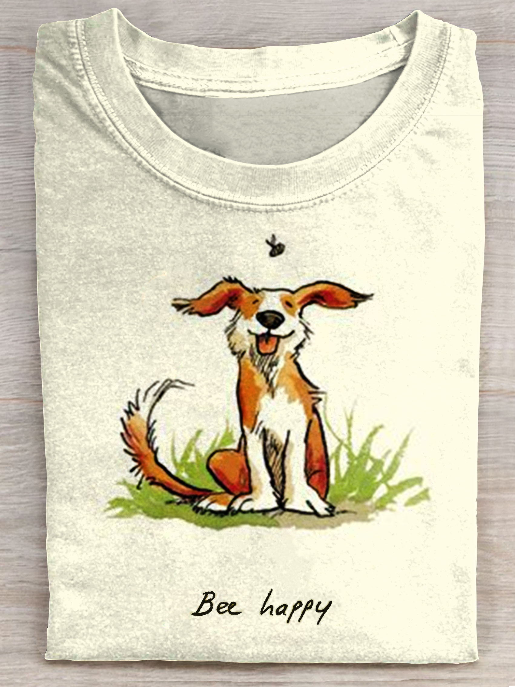 Bee Happy Dog Art Print Casaul Short Sleeve T-shirt