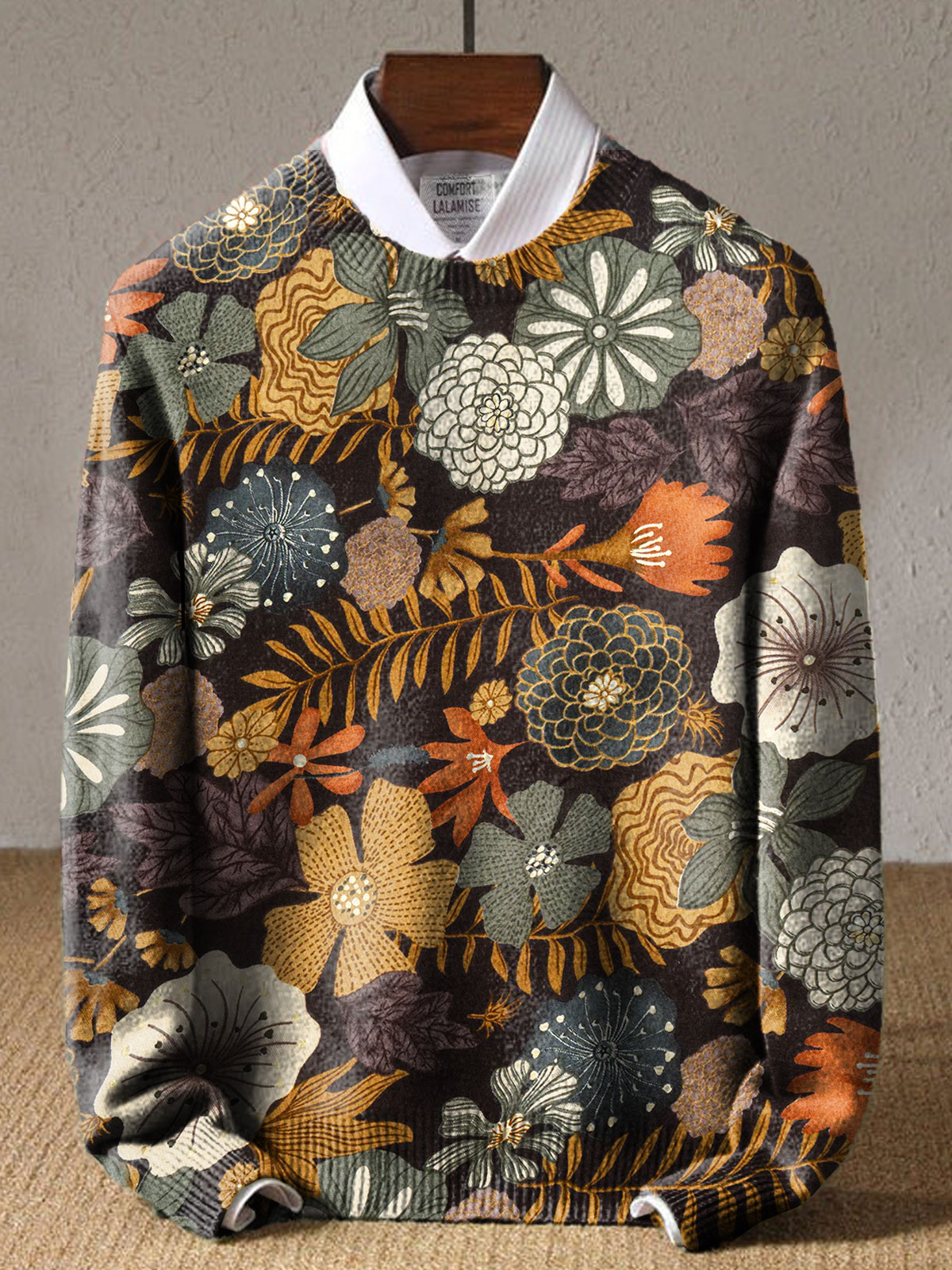 Vintage Flower Art Print Knit Pullover Sweater