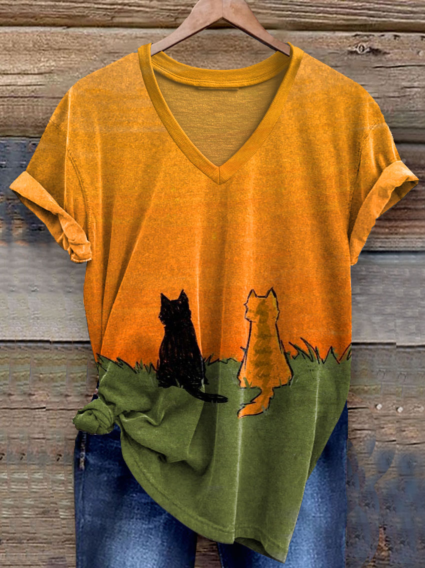 Cats Art Print V-neck Casual T-Shirt