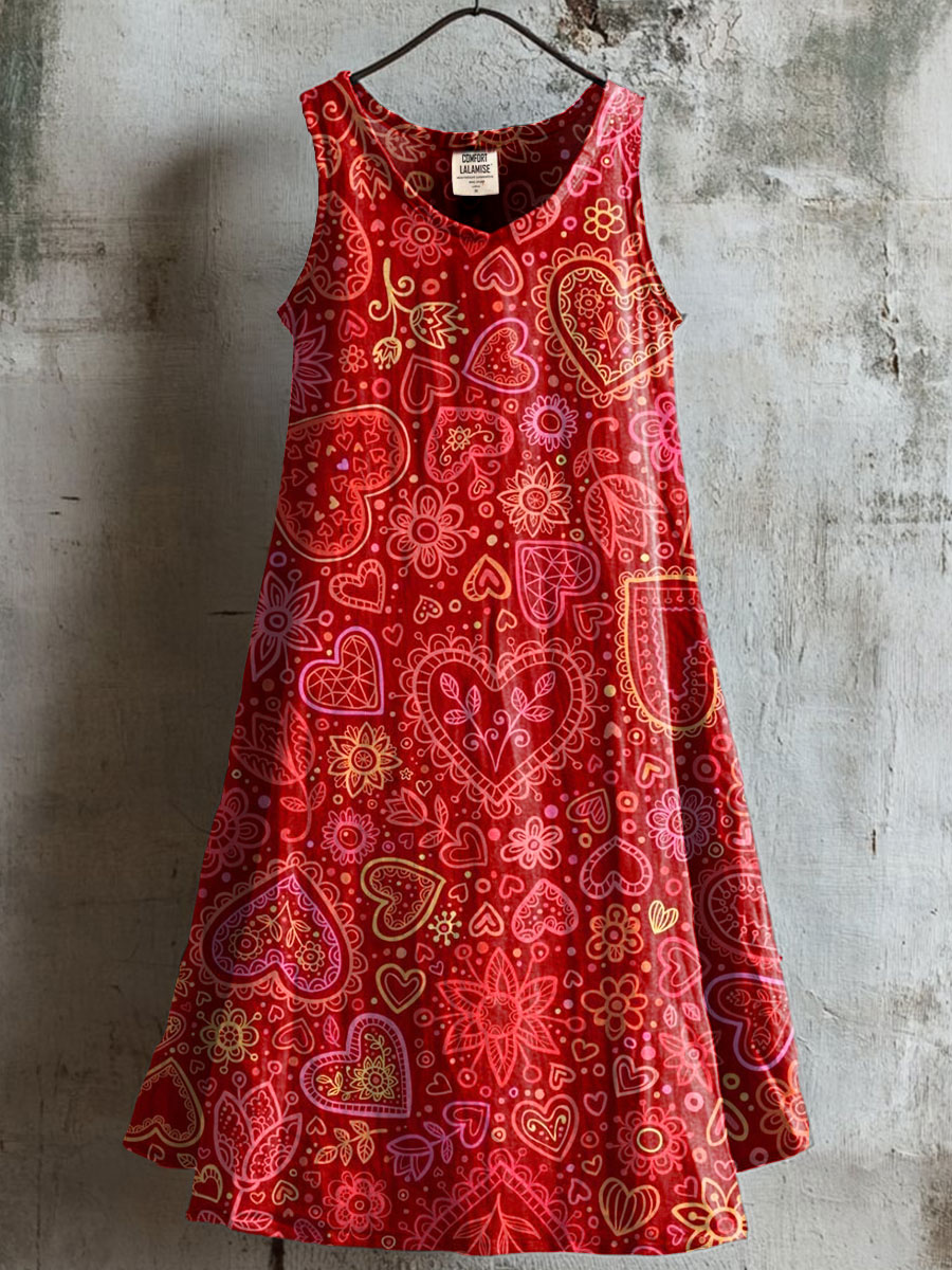 Women's Vinatge Heart Flower Art Print V-neck Pocket Cotton Dress