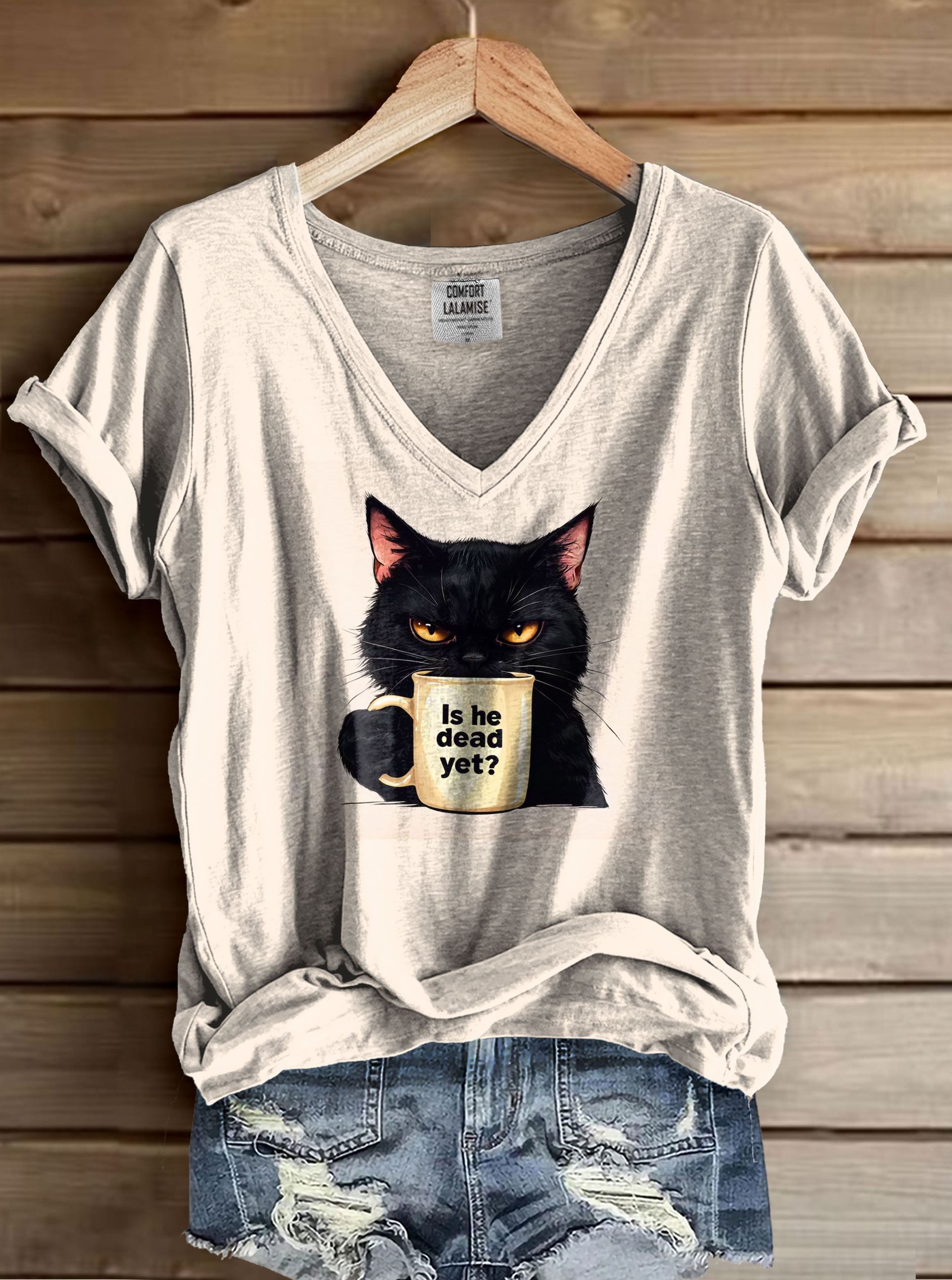 Is He Dead Yet Funny Cat Print V-neck Casual T-Shirt