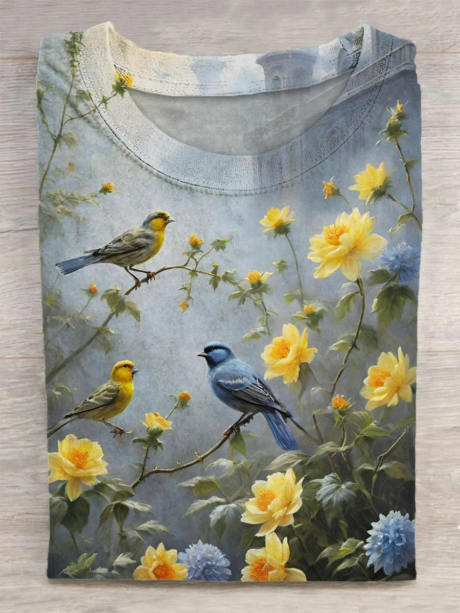 Unisex Flowers And Birds Printed Vintage Fashion Loose Short Sleeve T-Shirt