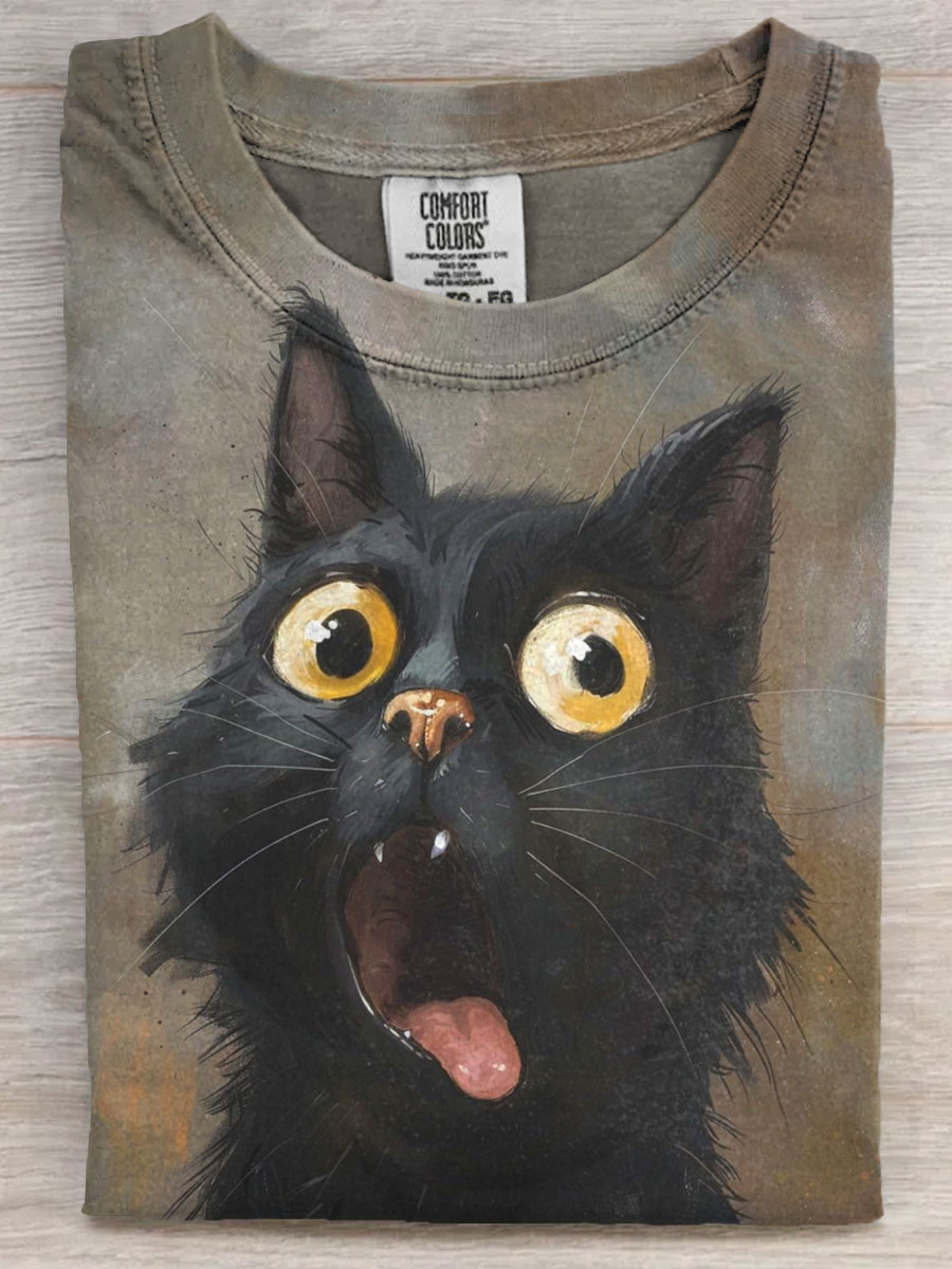 Naughty Black Cat Art Print Casaul Short Sleeve T-shirt