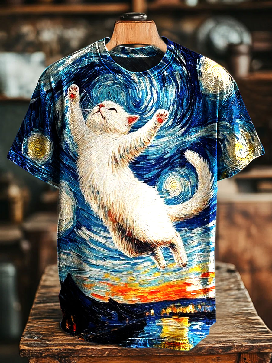 Van Gogh Art Cat Print Casual Top