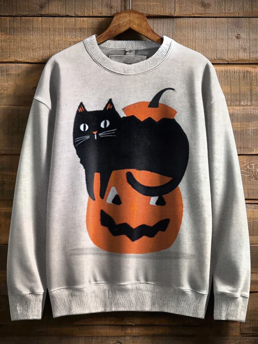 Vintage Halloween Pumpkin Black Cat Art Print Casual Sweatshirt