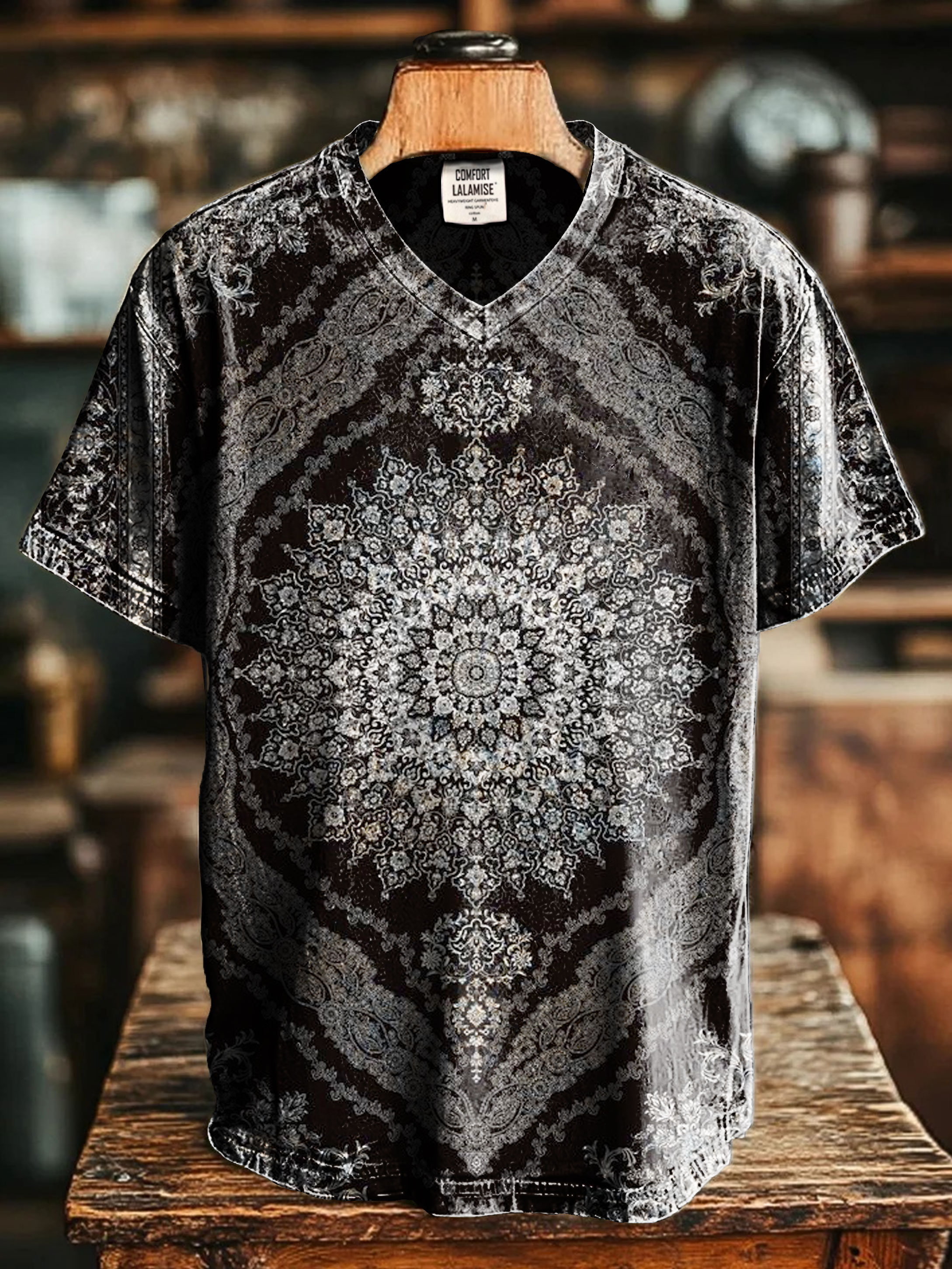 Vintage Ethic Art Print V-neck Casual T-Shirt