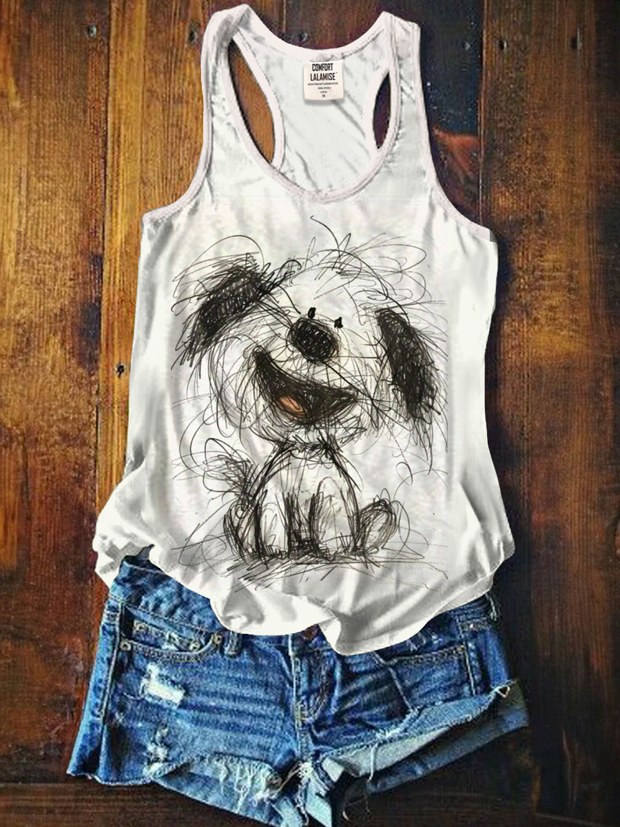 Happy Dog Line drawing Art Print Tank Top