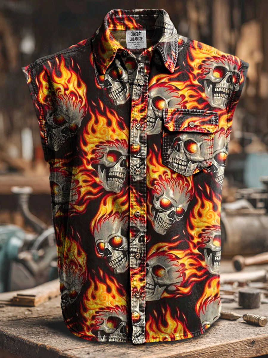 Fire Skull Art Print Casual 100% Cotton Sleeveless Lapel Shirt