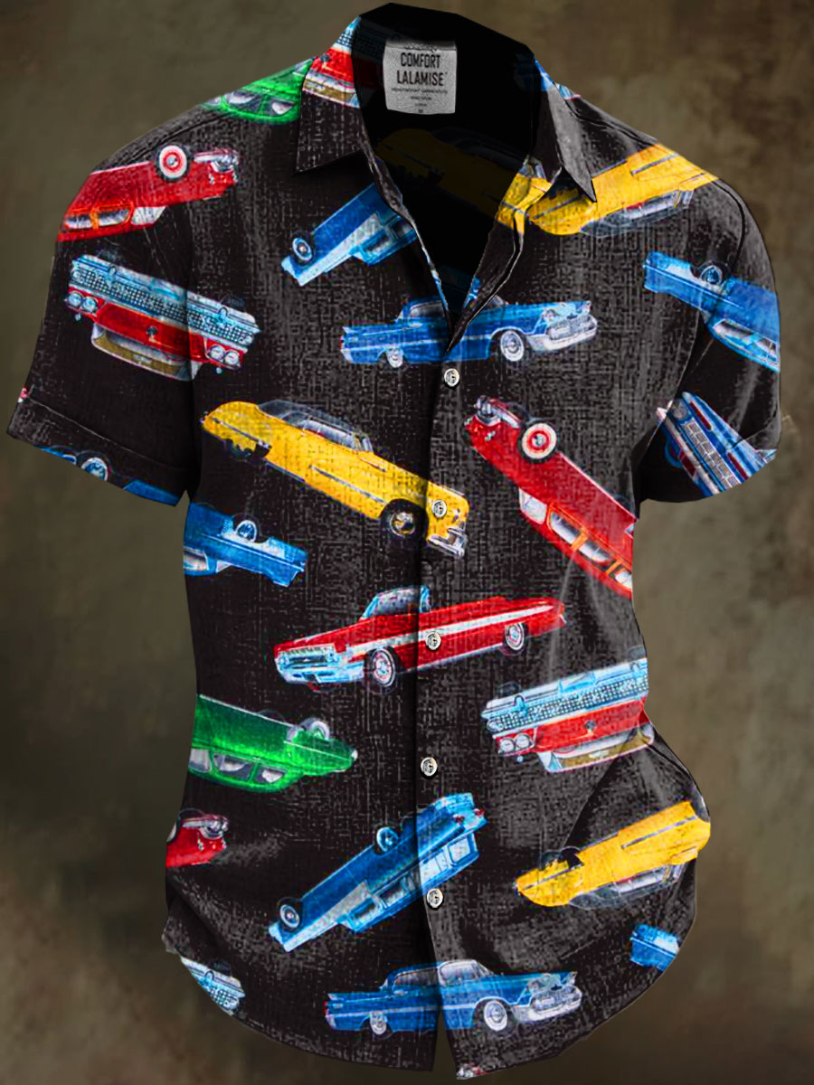 American Retro Vintage Cars Art Print Casual Cotton And Linen Shirt