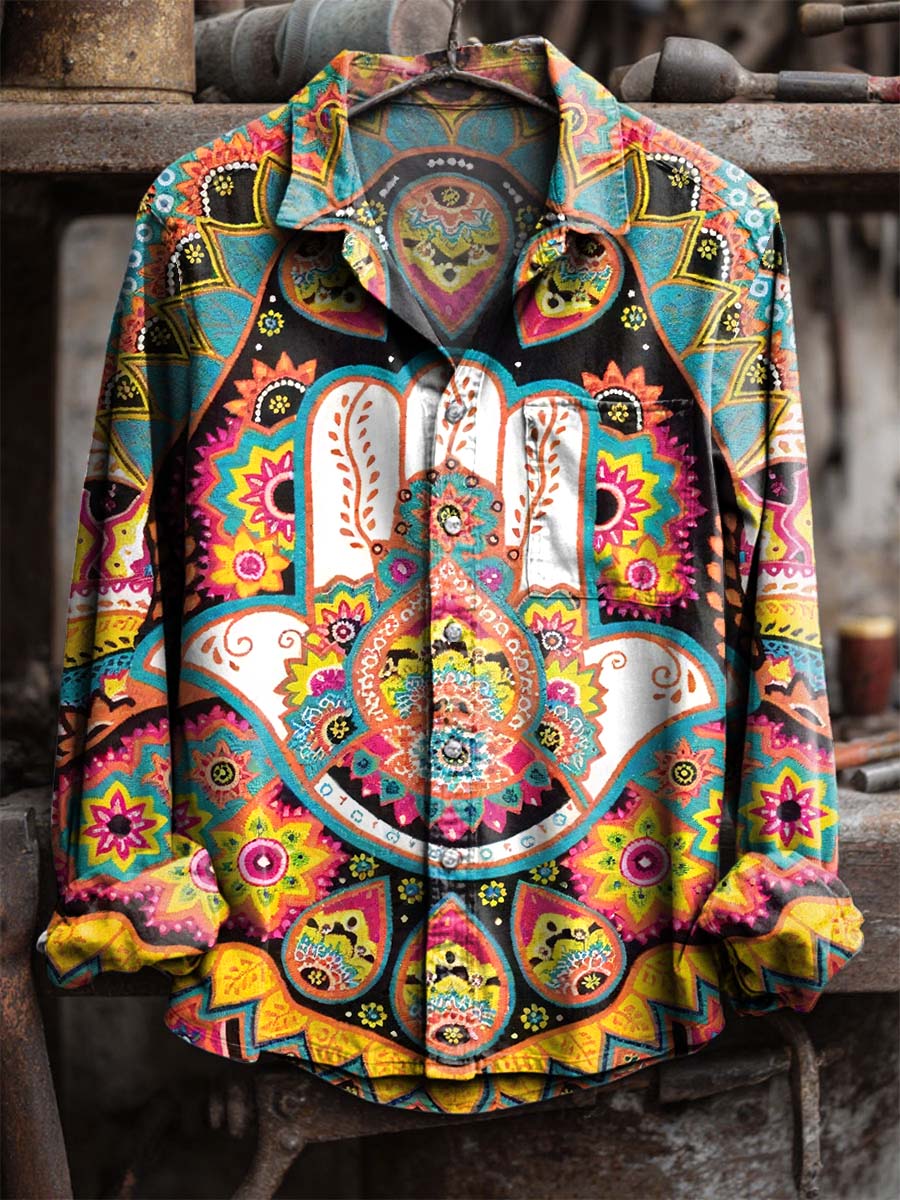 Hamsa Hand Jewish Hebrew Art Print 100% Cotton Long Sleeve Shirt