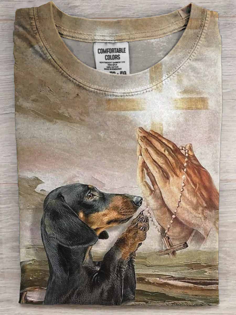 Dog Faith Jesus Print Casual Short Sleeve T-Shirt