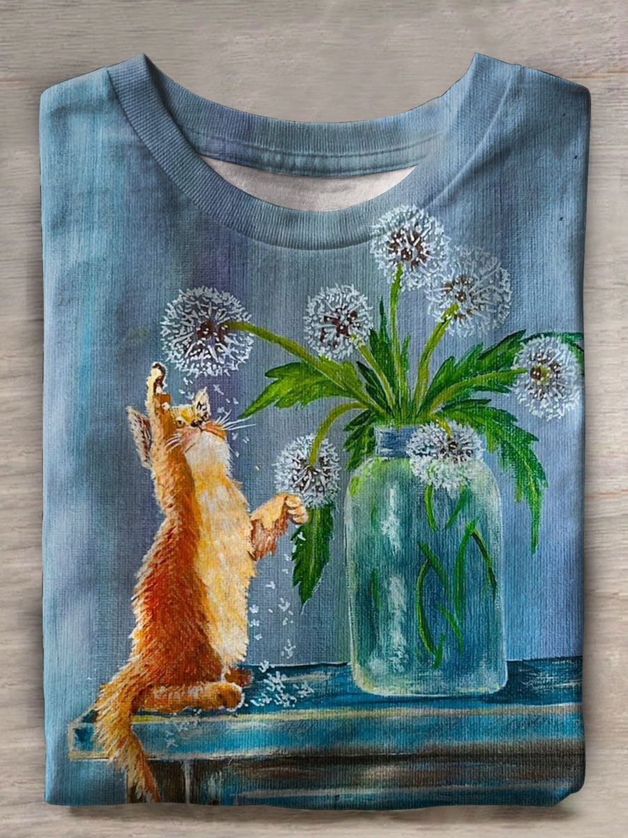 Dandelion Cat Print Casual T-shirt