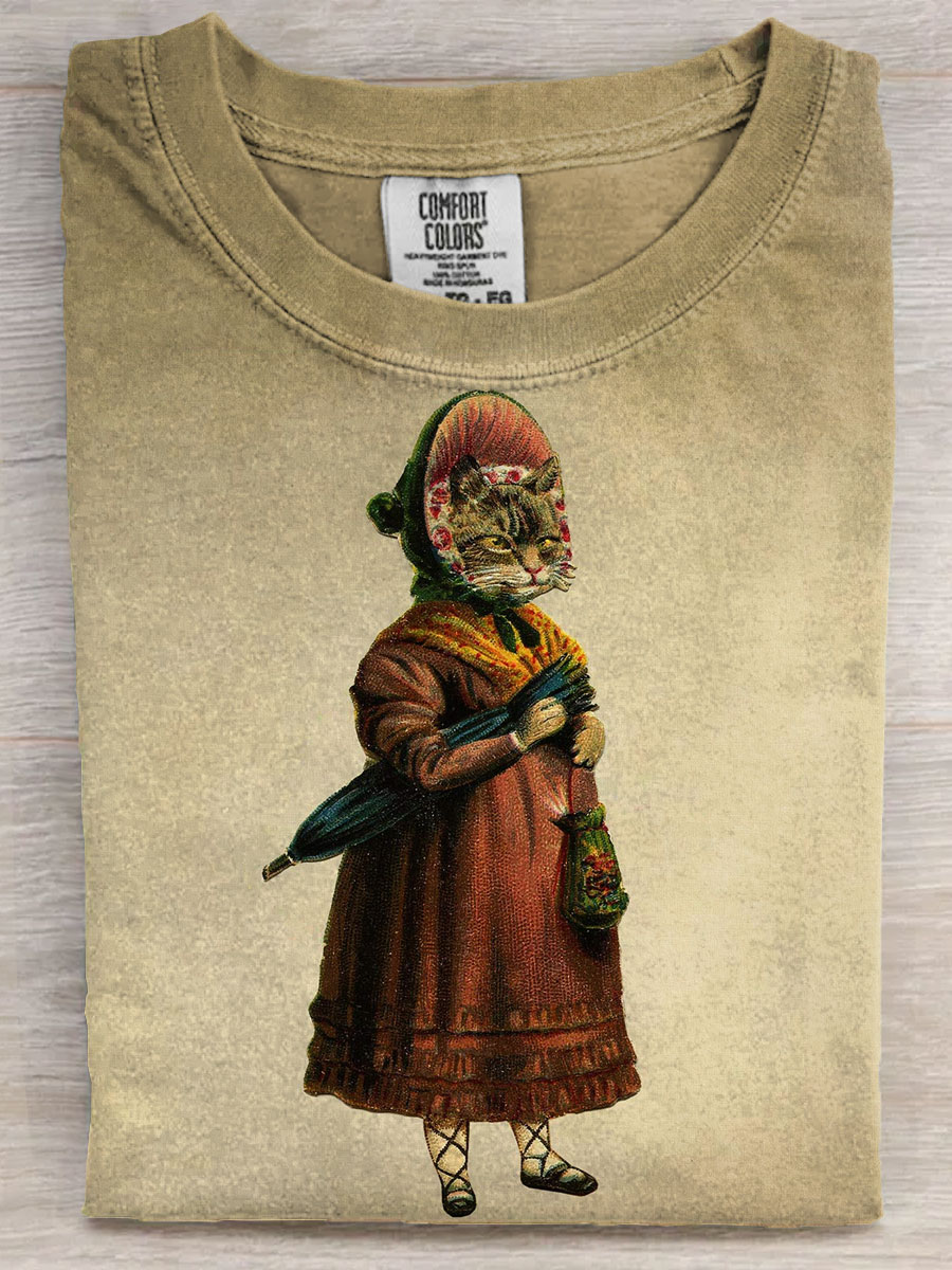Vintage Cat Lady Art Print Casaul Short Sleeve T-shirt