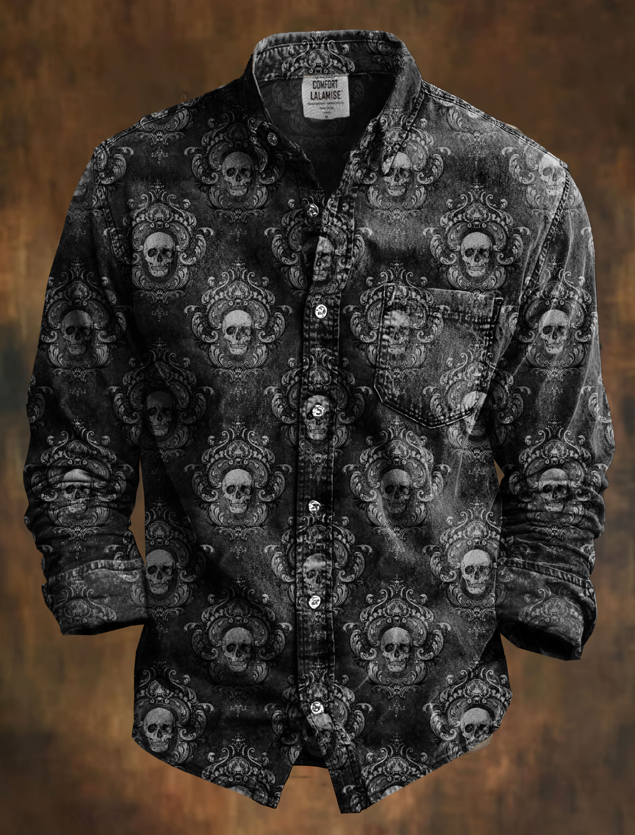 Vintage Gothic Skull Art Print 100% Cotton Long Sleeve Shirt
