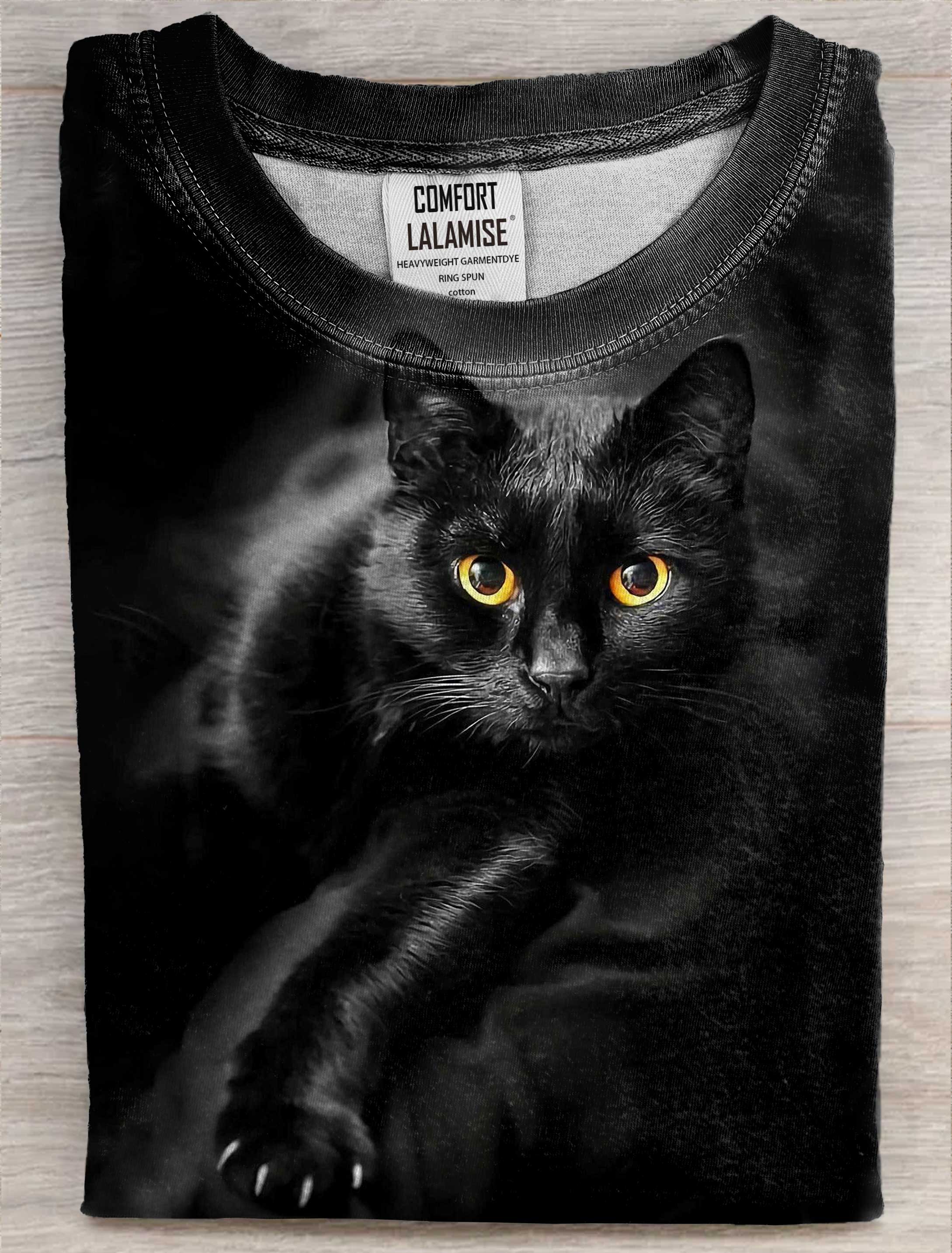 Black Cat Art Print Casaul Short Sleeve  T-shirt