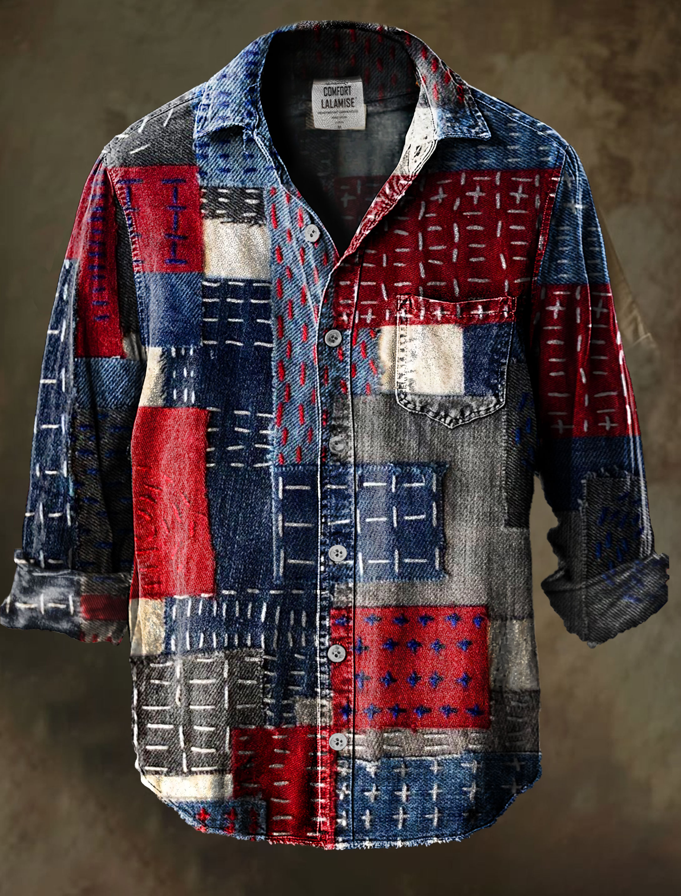 Vintage Embroidery patch Art Print 100% Cotton Long Sleeve Shirt