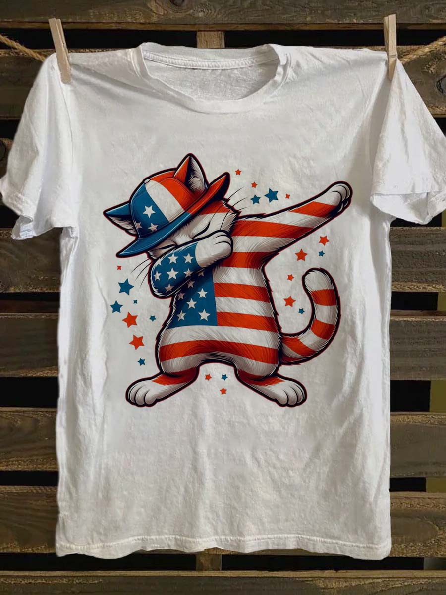 Independence Day Cat Print Casual Short Sleeve T-Shirt
