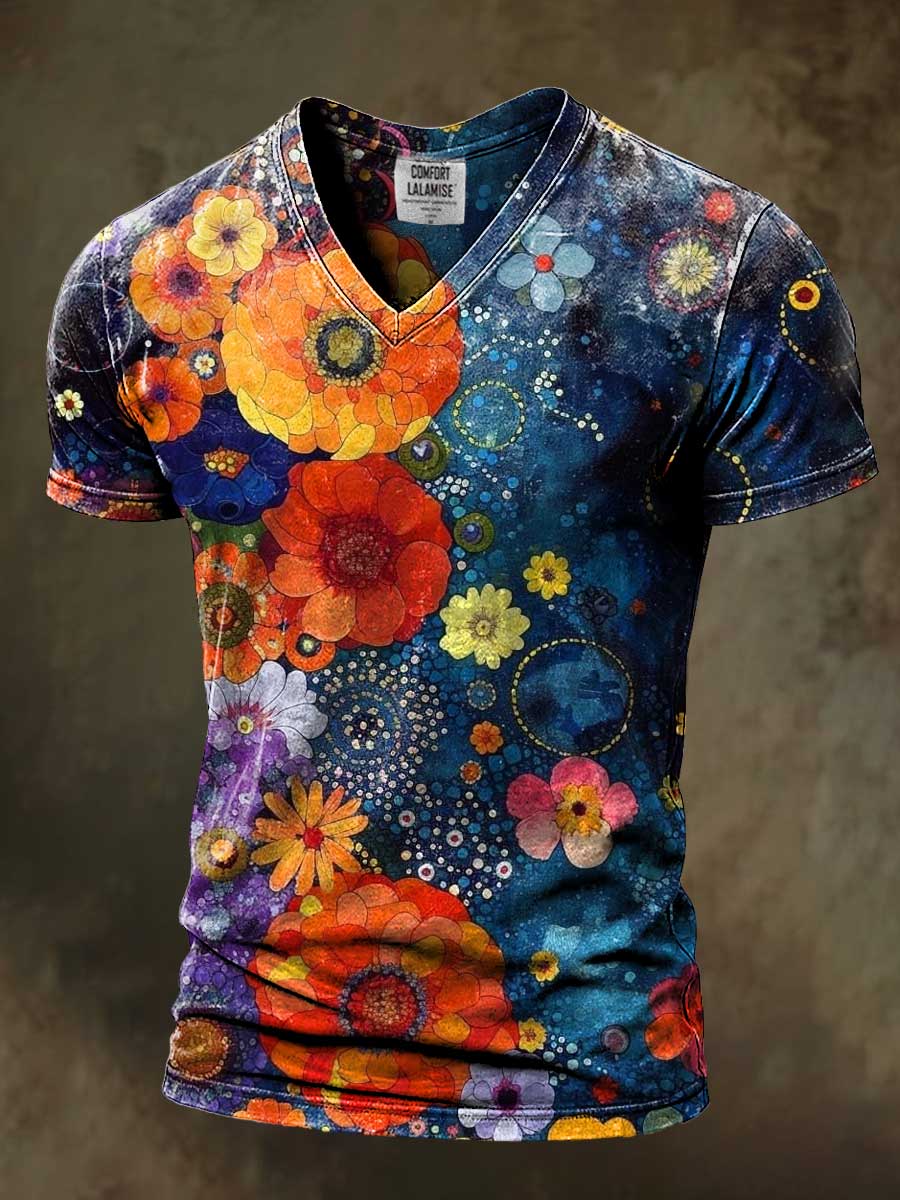 Boho Flower Art Print Casaul Short Sleeve V-neck T-shirt