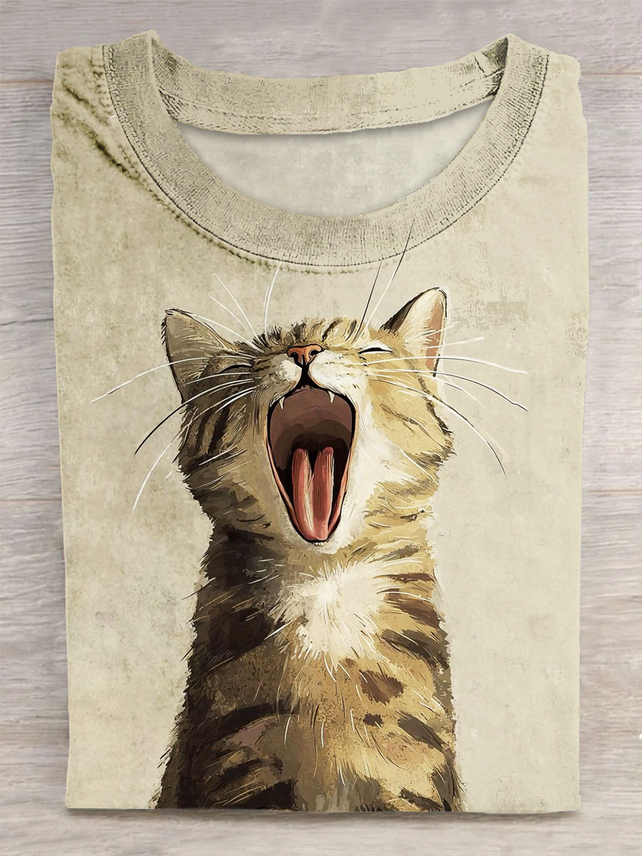 Cat Printed Vintage Fashion Loose Short Sleeve T-Shirt