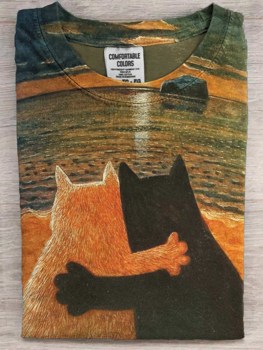 Cute Cuddle Cat Print Casual Short Sleeve T-Shirt