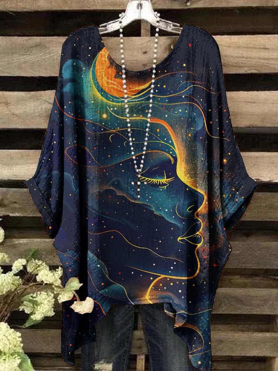 Women's Vintage Moon God Mystery Print Casual Short Sleeve Top