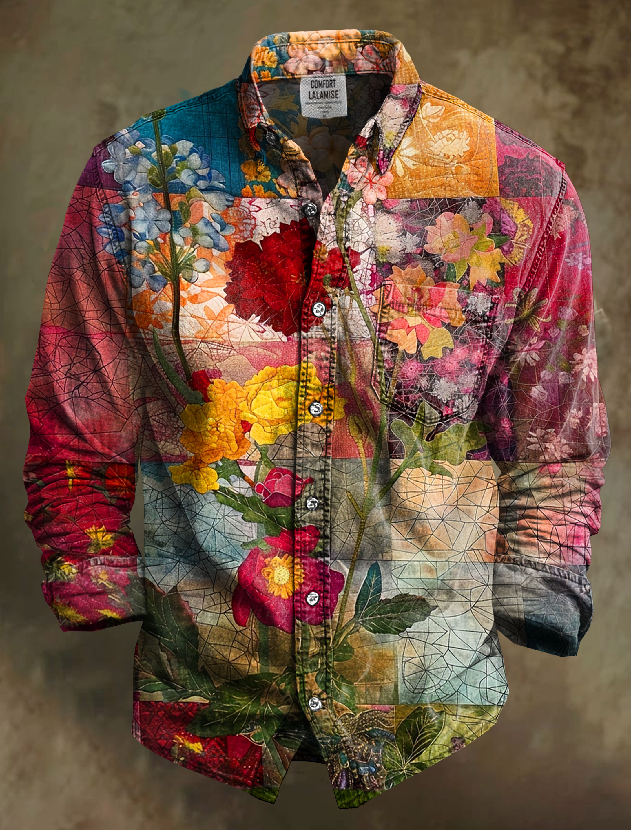 Vintage Flower Art Print 100% Cotton Long Sleeve Shirt