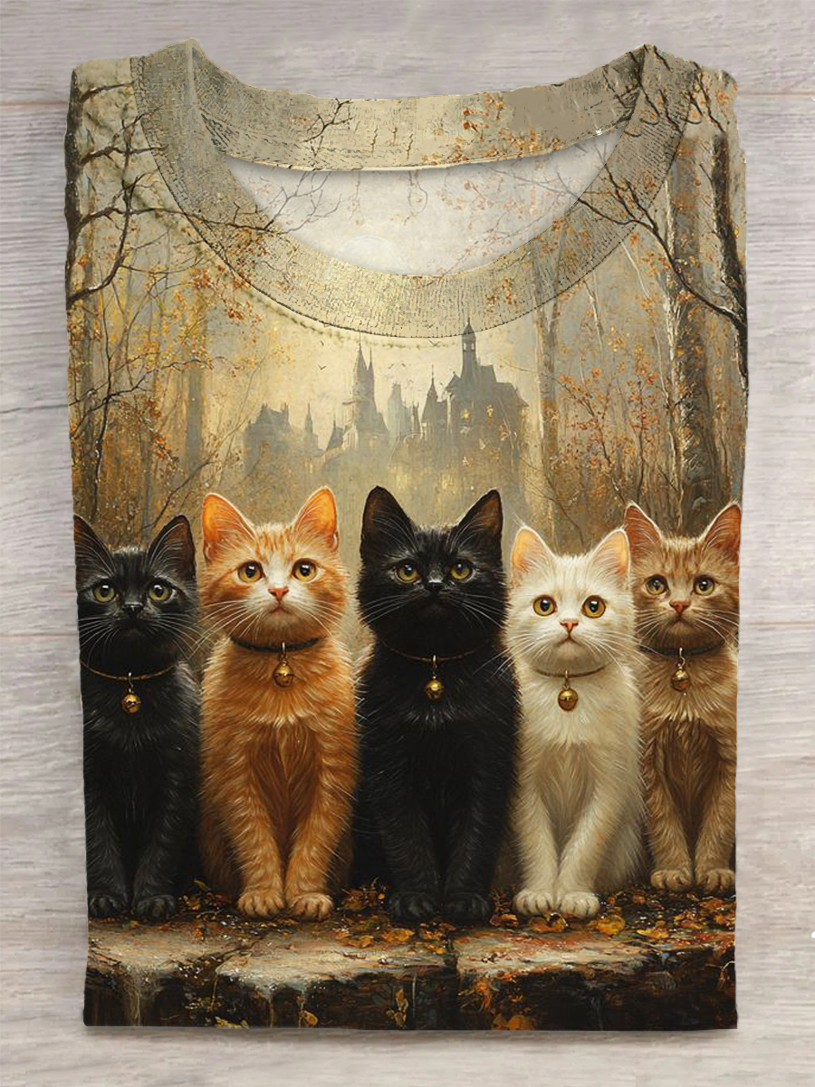 Unisex Cat Printed Vintage Fashion Loose Short Sleeve T-Shirt