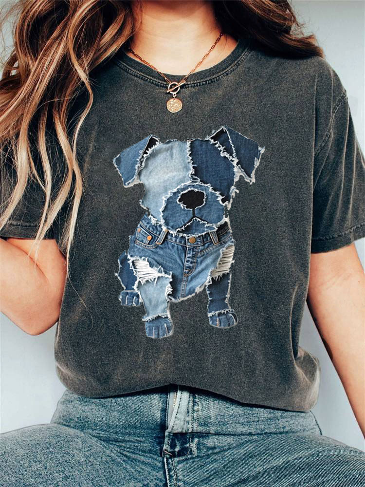 Women's Casual Funny Denim Dog Print T-shirt