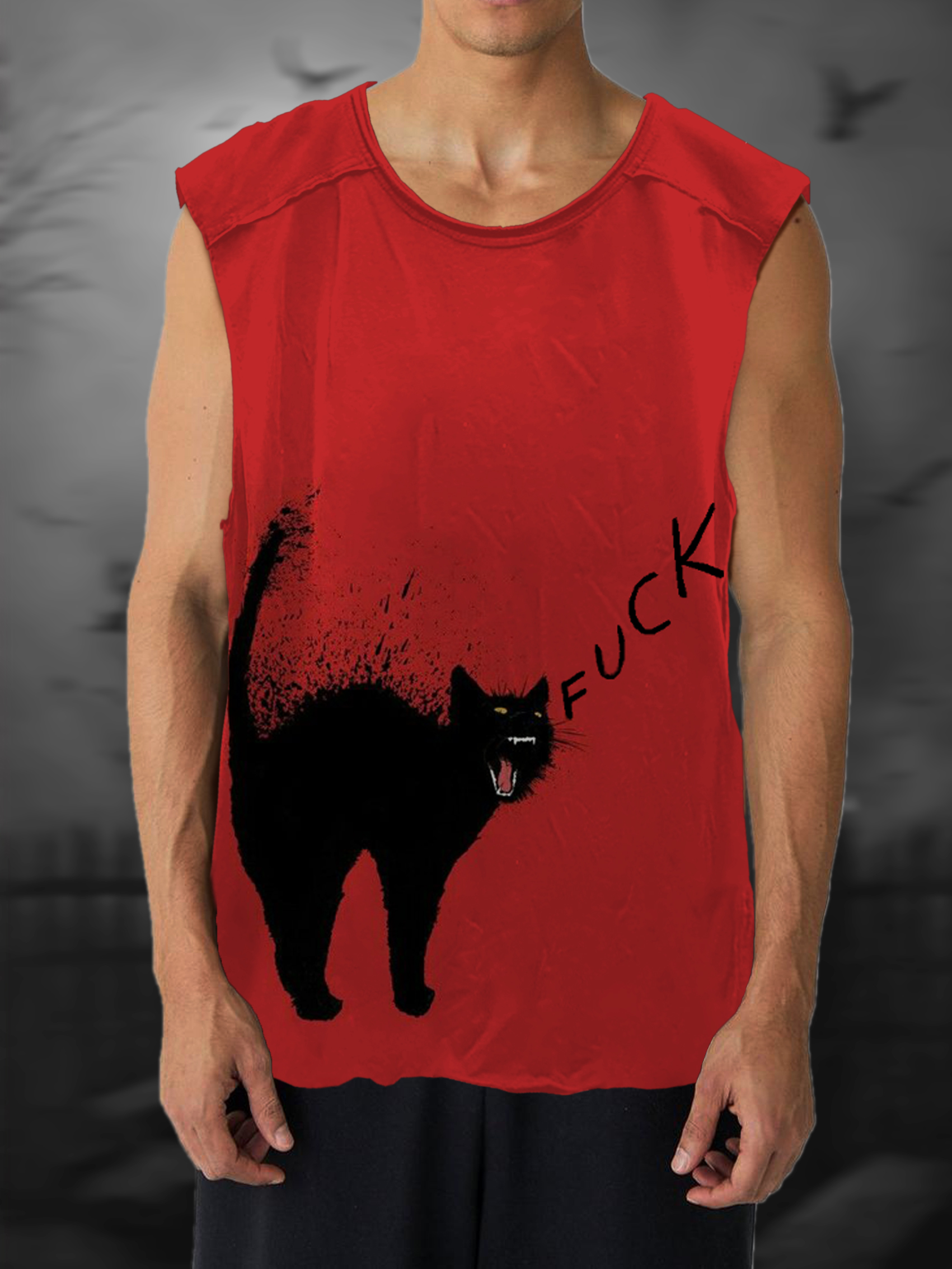 Black Cat Fuck Print 100% Cotton Casual Tank Top