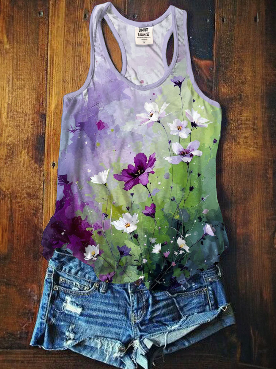 Vintage Flower Art Print Casaul Tank Top
