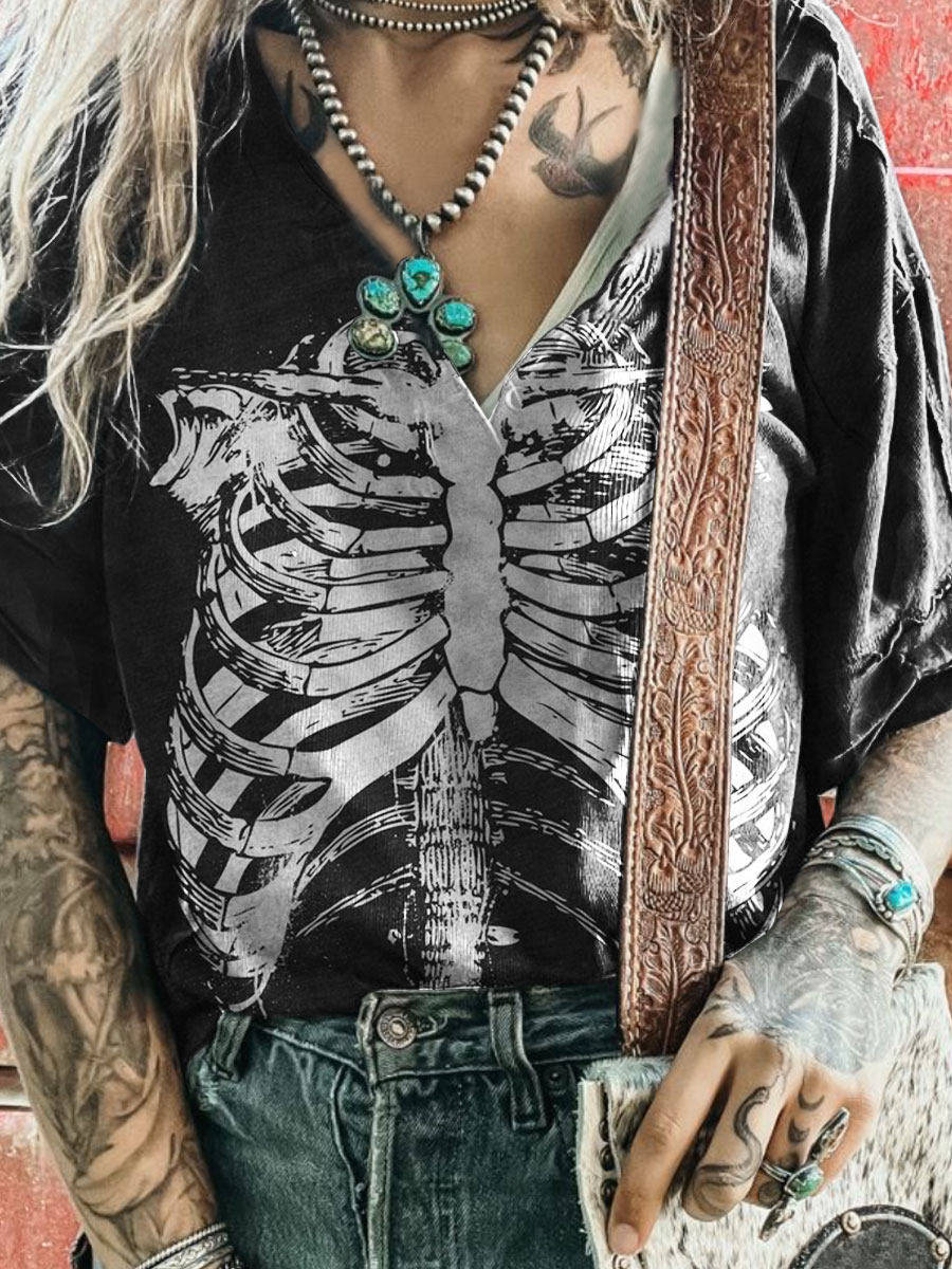 Skeleton Print Casual V-neck T-shirt