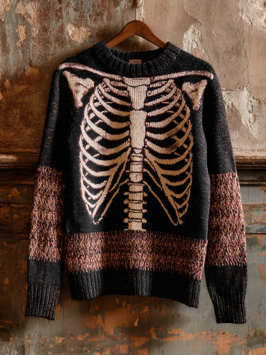Halloween Retro Horror Skull Print Knit Pullover Sweater