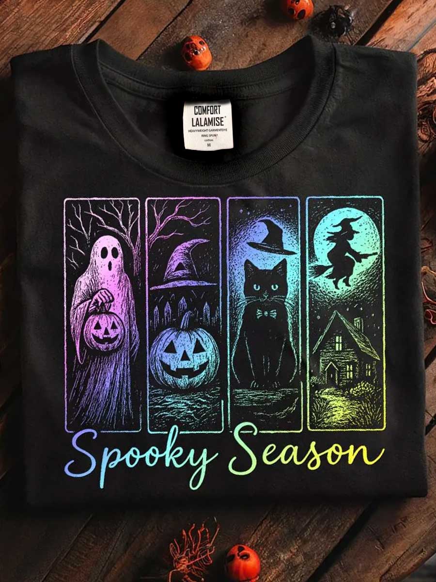 Spooky Season Vintage Halloween Horror Night Art Print Causal Cotton Short Sleeve T-shirt