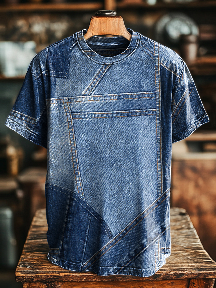 Unisex Vintage Cowboy Spliced Pattern Printed Casual Loose T-Shirt