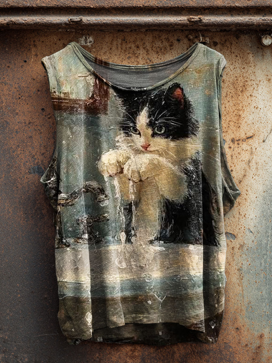 Oil Painting Cat Art Print 100% Cotton Casual Tank Top