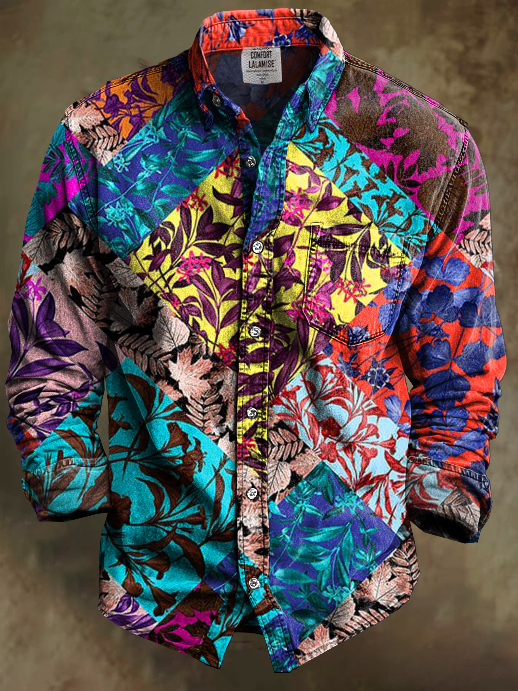 Vintage Abstract Ethnic colorful Leaf texture Art Print 100% Cotton Long Sleeve Shirt