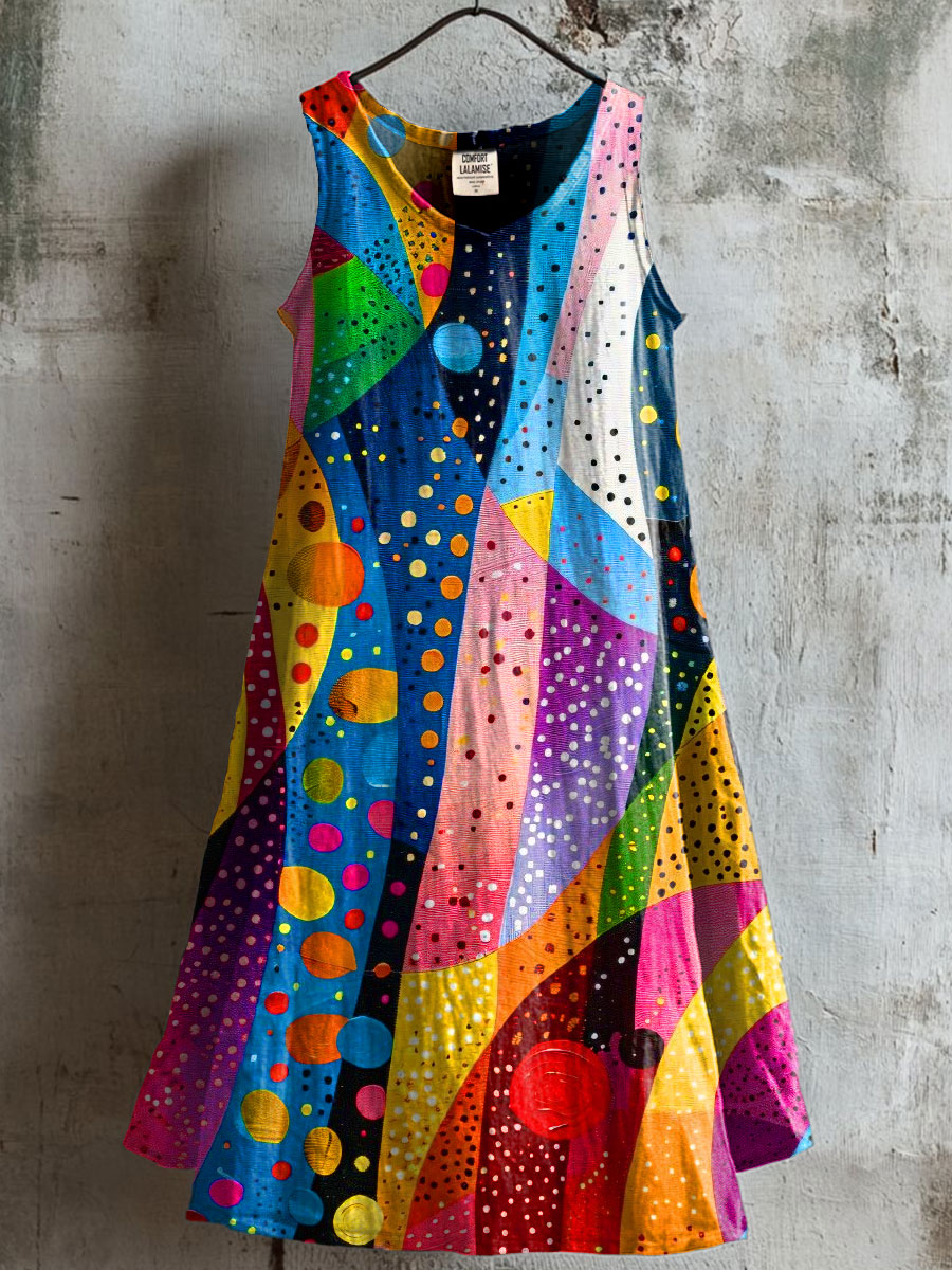 Women's Multicolor Art Print V-neck Pocket Cotton Dress