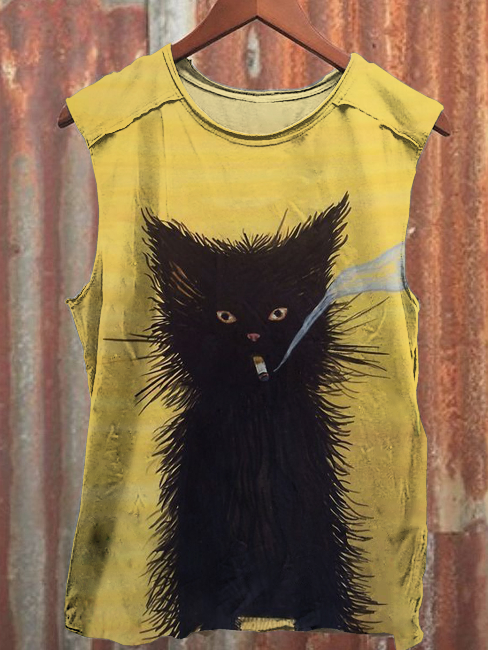Unisex Smoking Black Cat Art Print Casual Tank Top