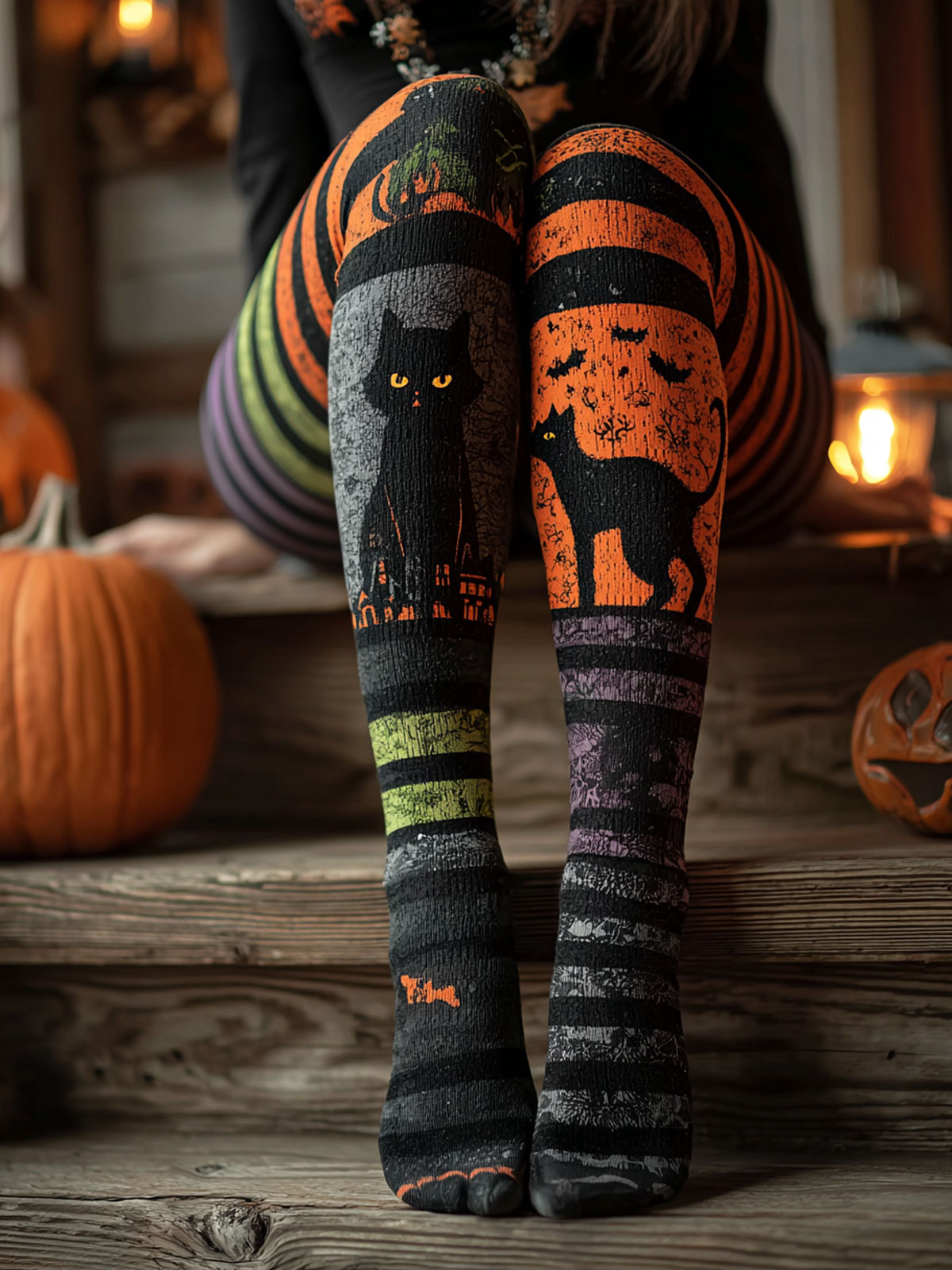 Halloween Stripe Cat Art Print Casual  Leggings