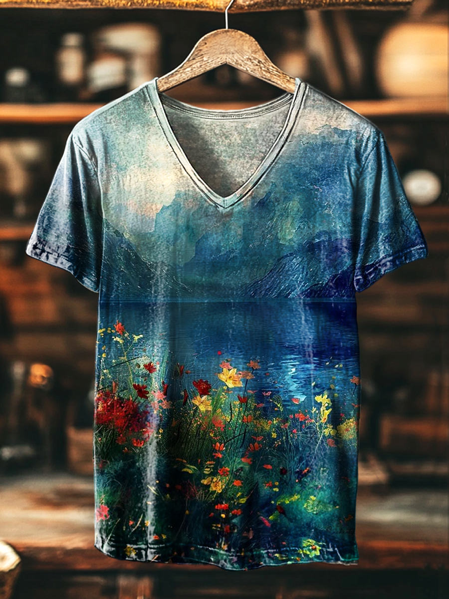 Vintage Floral Landscape Art Print Casual V-Neck T-Shirt