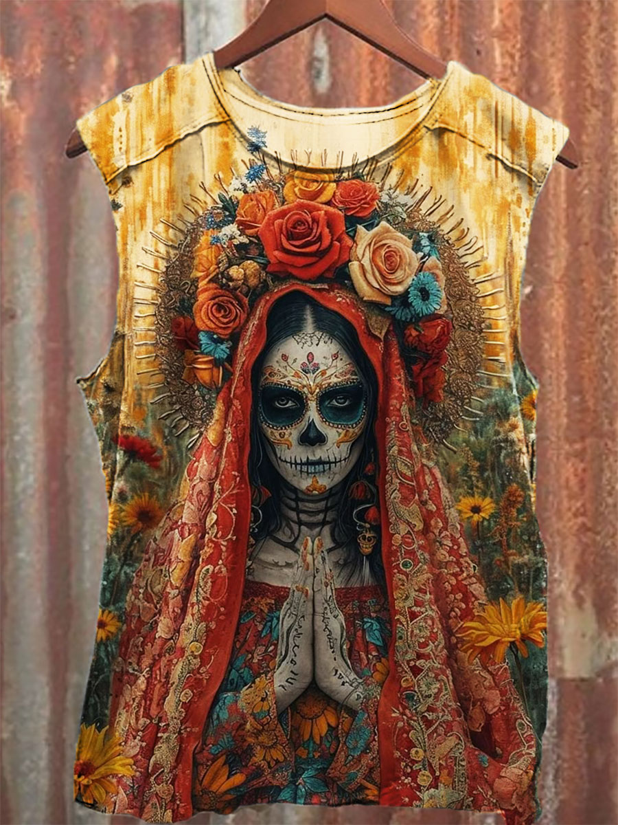 Vintage Skull Print 100% Cotton Casual Tank Top