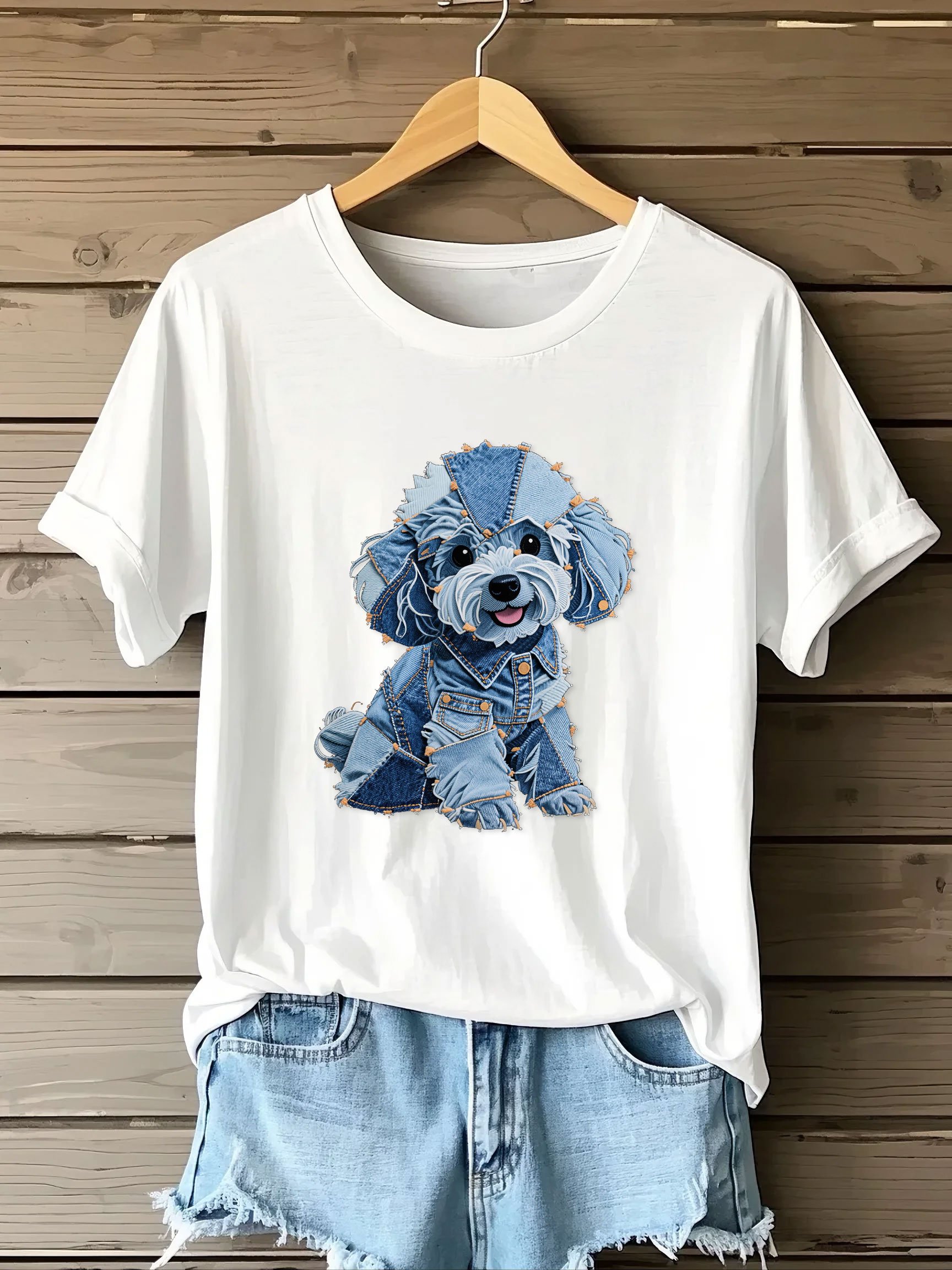 Women's Denim Embroidered Dog Print Short Sleeve T-shirt
