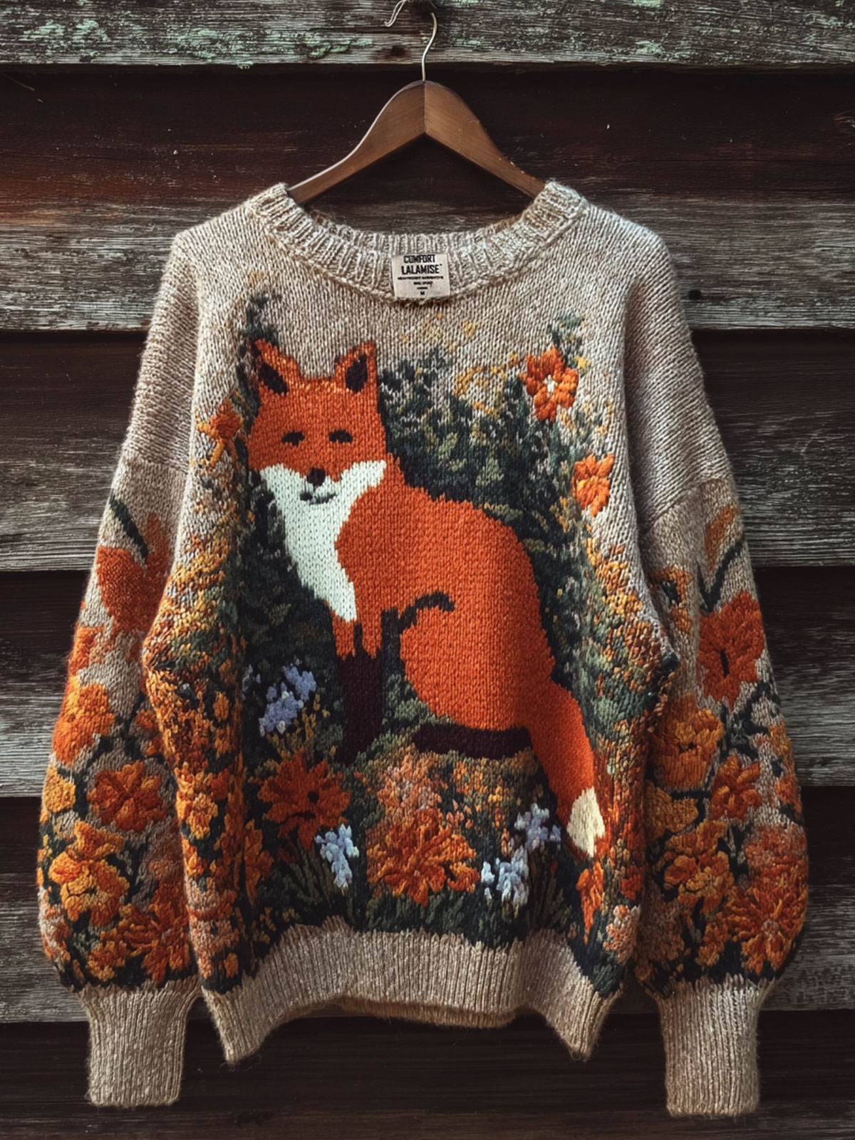 Vintage Autumn Fox With Flowers Art Print Knit Pullover Sweater