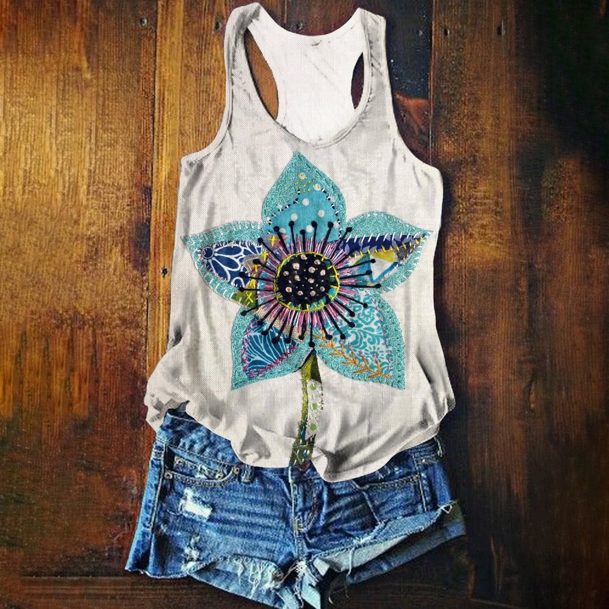 Embroidered Flower Art Print Tank Top