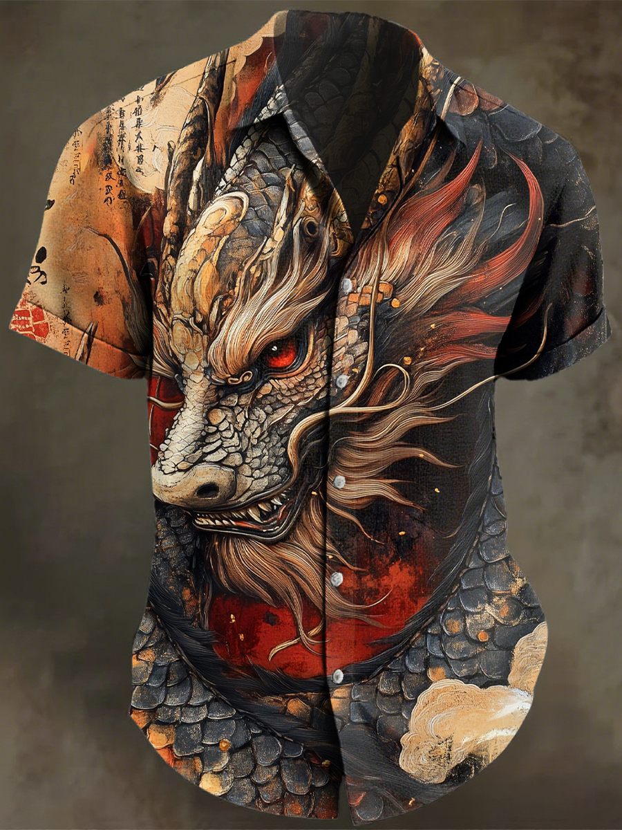 Retro Japanese Dragon Art Print Casual Cotton And Linen Shirt
