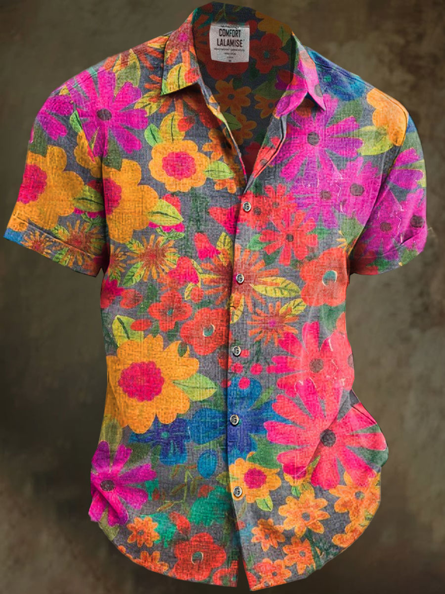 Vintage Nature Floral Art Print Casual Cotton And Linen Short Sleeve Shirt