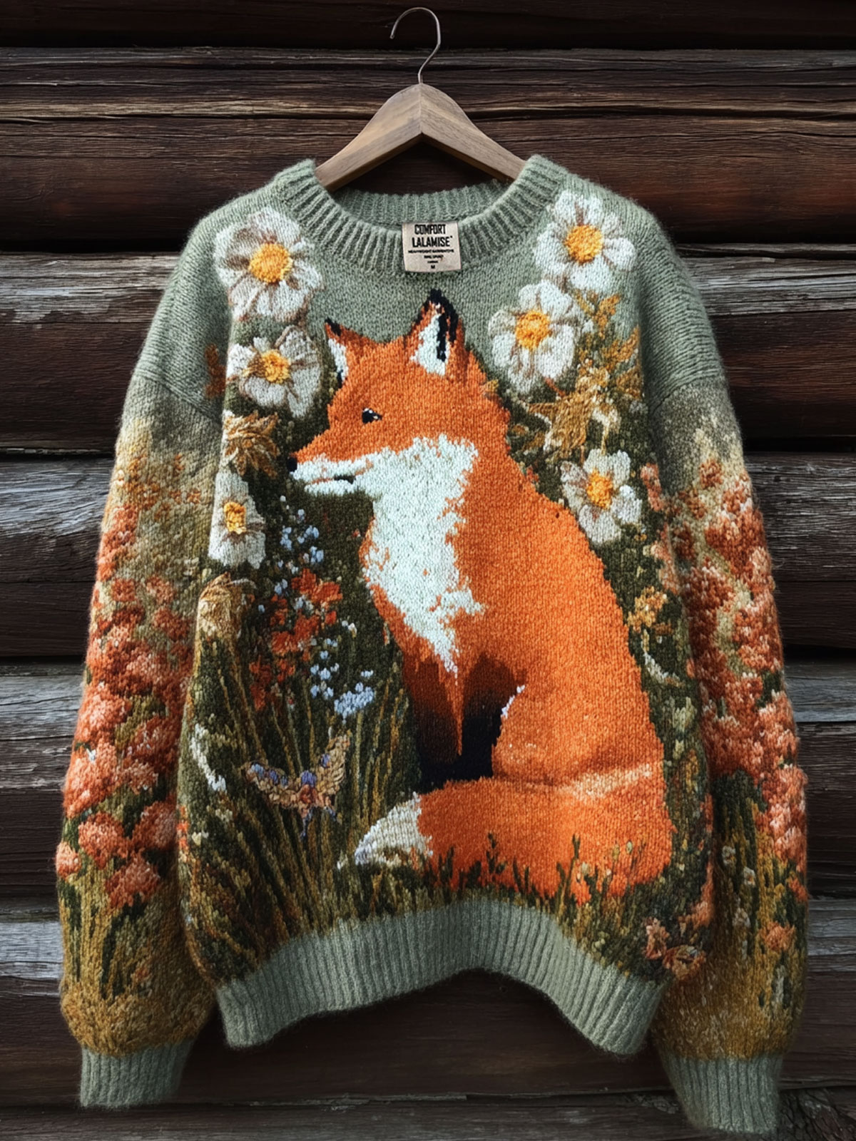 Vintage Autumn Fox With Flowers Art Print Knit Pullover Sweater
