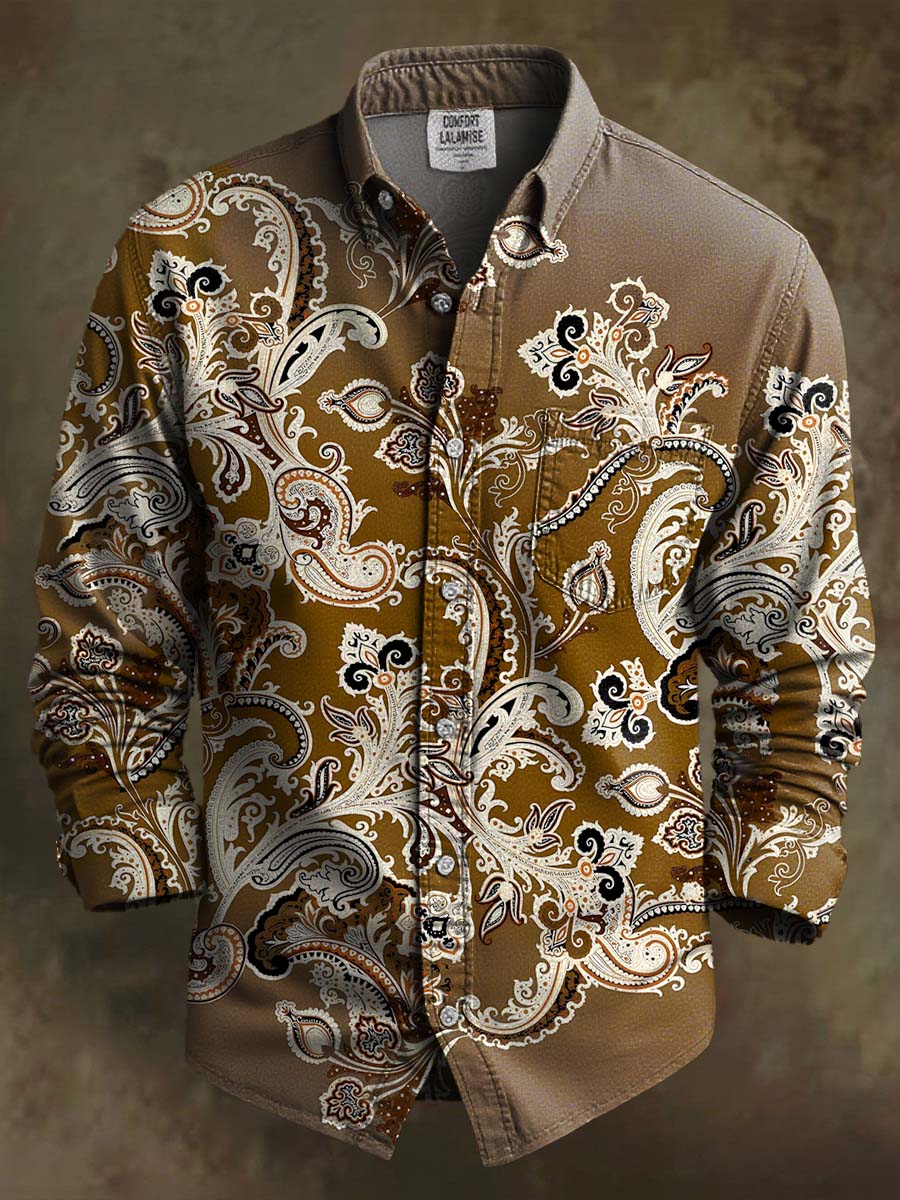 Vintage Gradient Paisley Pattern Print 100% Cotton Long Sleeve Shirt