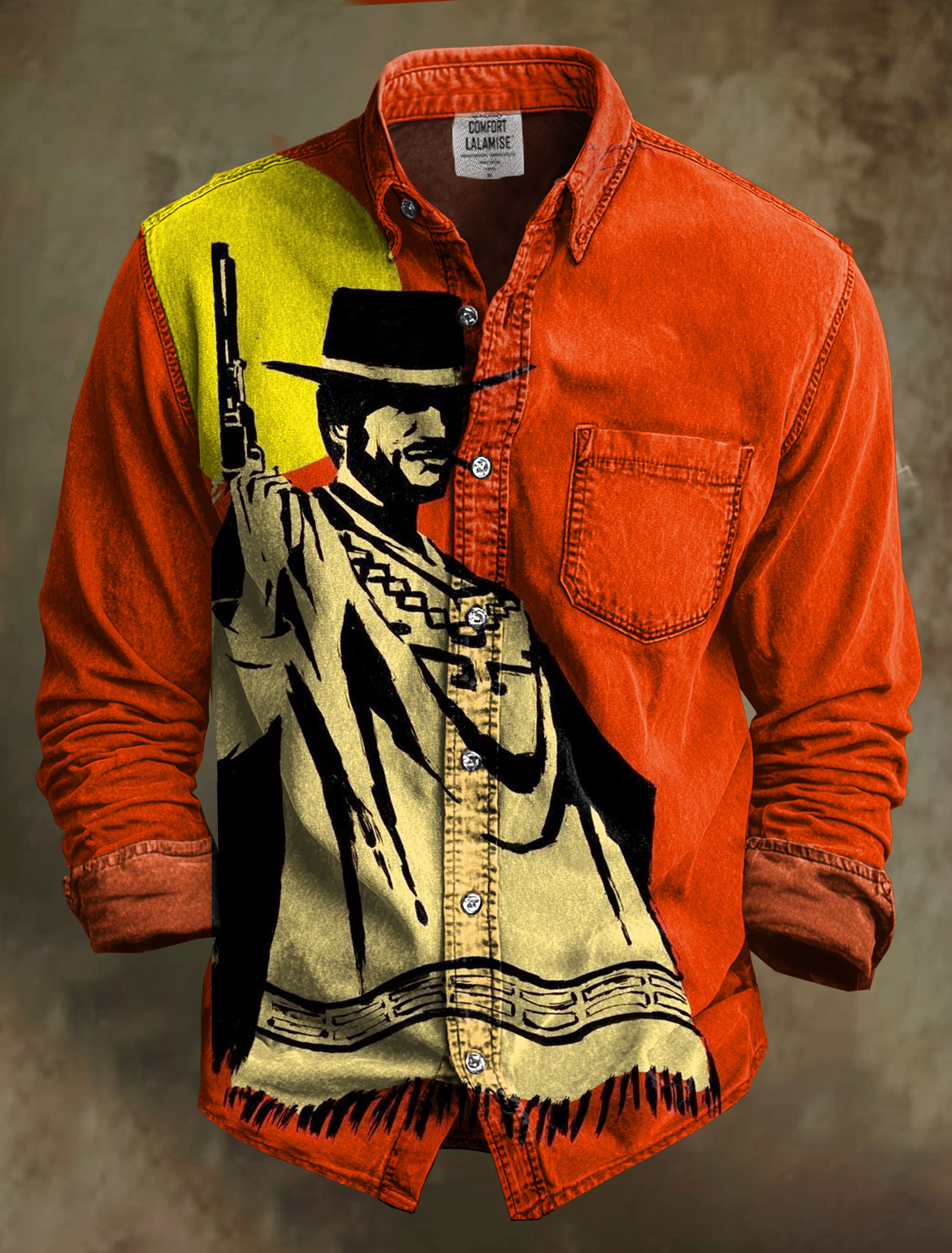 Vintage Cowboy Art Print 100% Cotton Long Sleeve Shirt