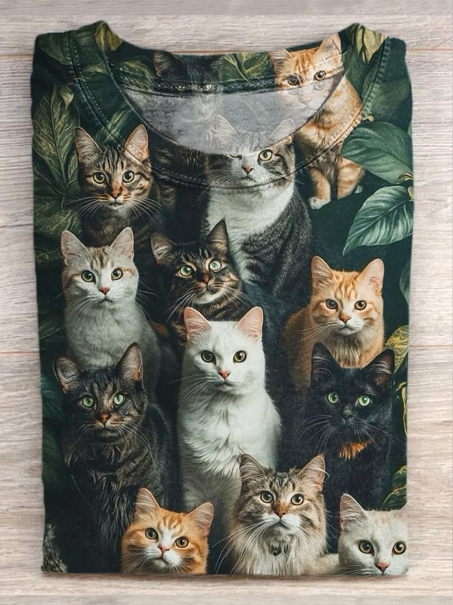 Vintage Tropical Leaf Cat Art Print Casual Short Sleeve T-Shirt